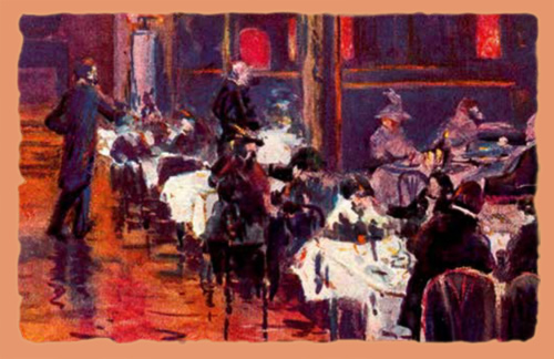 Gemälde vom historischen Lahmann-Sanatorium bzw. Parkhotel - Cafe-Szene in Dresden Bad Weißer Hirsch